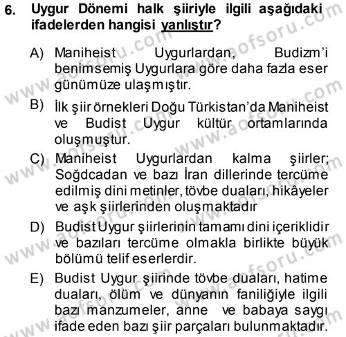 Türk Halk Şiiri Dersi 2013 - 2014 Yılı (Vize) Ara Sınav Soruları 6. Soru