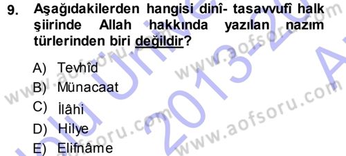 Türk Halk Şiiri Dersi 2013 - 2014 Yılı (Vize) Ara Sınav Soruları 9. Soru