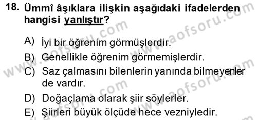 Türk Halk Şiiri Dersi 2013 - 2014 Yılı (Final) Dönem Sonu Sınav Soruları 18. Soru