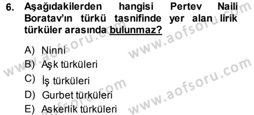 Türk Halk Şiiri Dersi 2013 - 2014 Yılı (Final) Dönem Sonu Sınav Soruları 6. Soru