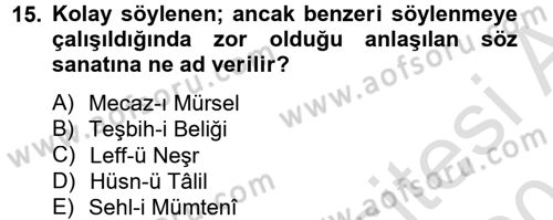 Türk Halk Şiiri Dersi 2013 - 2014 Yılı Tek Ders Sınav Soruları 15. Soru