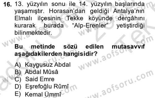 Türk Halk Şiiri Dersi 2013 - 2014 Yılı Tek Ders Sınav Soruları 16. Soru