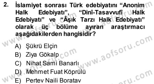Türk Halk Şiiri Dersi 2013 - 2014 Yılı Tek Ders Sınav Soruları 2. Soru