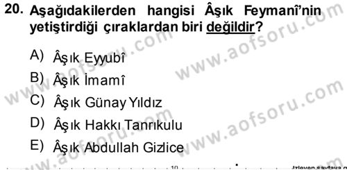 Türk Halk Şiiri Dersi 2013 - 2014 Yılı Tek Ders Sınav Soruları 20. Soru