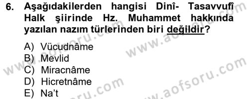 Türk Halk Şiiri Dersi 2013 - 2014 Yılı Tek Ders Sınav Soruları 6. Soru