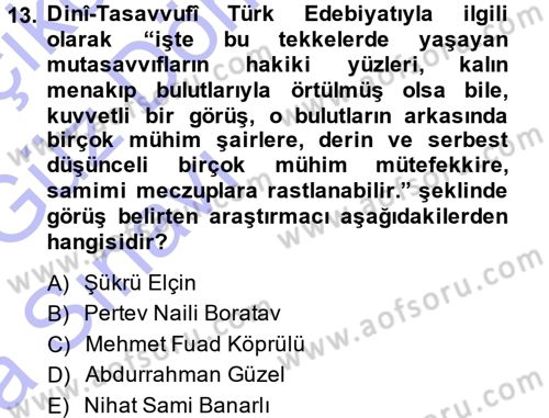Türk Halk Şiiri Dersi Ara Sınavı Deneme Sınav Soruları 13. Soru