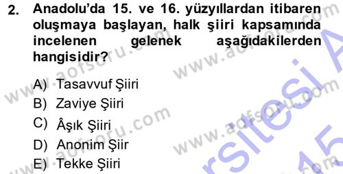 Türk Halk Şiiri Dersi Ara Sınavı Deneme Sınav Soruları 2. Soru