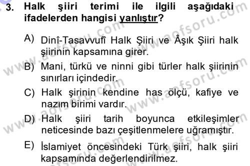 Türk Halk Şiiri Dersi 2014 - 2015 Yılı (Vize) Ara Sınav Soruları 3. Soru