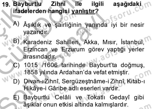 Türk Halk Şiiri Dersi 2014 - 2015 Yılı (Final) Dönem Sonu Sınav Soruları 19. Soru