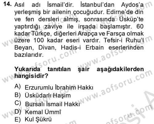 Türk Halk Şiiri Dersi 2014 - 2015 Yılı Tek Ders Sınav Soruları 14. Soru