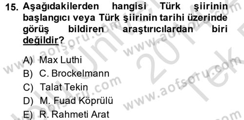 Türk Halk Şiiri Dersi 2014 - 2015 Yılı Tek Ders Sınav Soruları 15. Soru