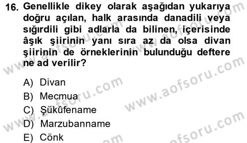 Türk Halk Şiiri Dersi 2014 - 2015 Yılı Tek Ders Sınav Soruları 16. Soru