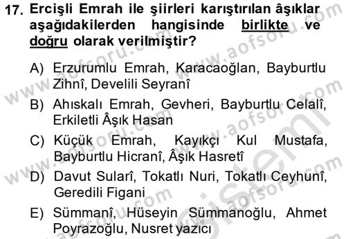 Türk Halk Şiiri Dersi 2014 - 2015 Yılı Tek Ders Sınav Soruları 17. Soru