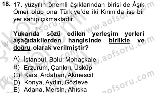 Türk Halk Şiiri Dersi 2014 - 2015 Yılı Tek Ders Sınav Soruları 18. Soru