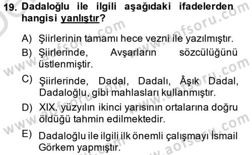 Türk Halk Şiiri Dersi 2014 - 2015 Yılı Tek Ders Sınav Soruları 19. Soru