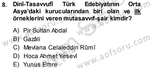 Türk Halk Şiiri Dersi 2014 - 2015 Yılı Tek Ders Sınav Soruları 8. Soru