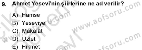 Türk Halk Şiiri Dersi 2014 - 2015 Yılı Tek Ders Sınav Soruları 9. Soru