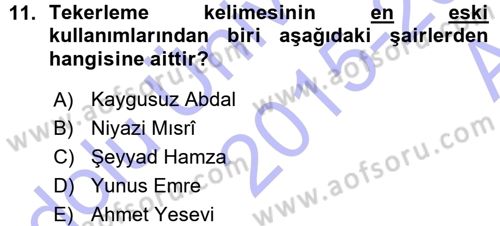 Türk Halk Şiiri Dersi Ara Sınavı Deneme Sınav Soruları 11. Soru