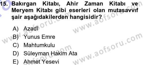 Türk Halk Şiiri Dersi 2015 - 2016 Yılı (Vize) Ara Sınav Soruları 15. Soru