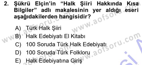 Türk Halk Şiiri Dersi Ara Sınavı Deneme Sınav Soruları 2. Soru