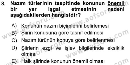 Türk Halk Şiiri Dersi Ara Sınavı Deneme Sınav Soruları 8. Soru