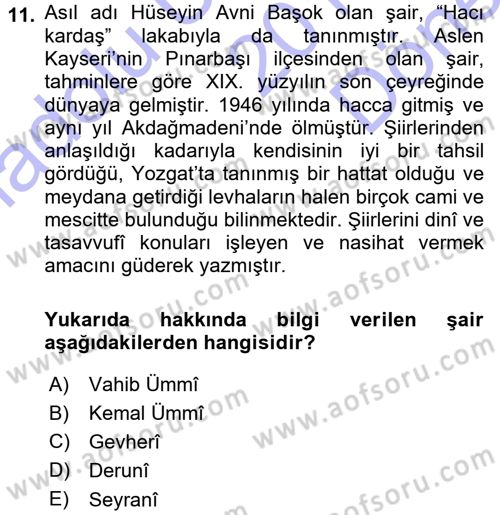 Türk Halk Şiiri Dersi 2015 - 2016 Yılı (Final) Dönem Sonu Sınav Soruları 11. Soru