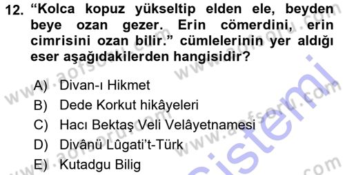 Türk Halk Şiiri Dersi 2015 - 2016 Yılı (Final) Dönem Sonu Sınav Soruları 12. Soru