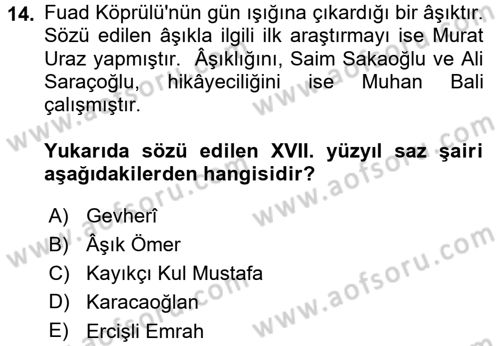Türk Halk Şiiri Dersi 2015 - 2016 Yılı (Final) Dönem Sonu Sınav Soruları 14. Soru