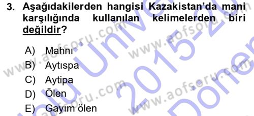 Türk Halk Şiiri Dersi 2015 - 2016 Yılı (Final) Dönem Sonu Sınav Soruları 3. Soru
