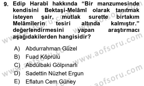 Türk Halk Şiiri Dersi 2015 - 2016 Yılı (Final) Dönem Sonu Sınav Soruları 9. Soru