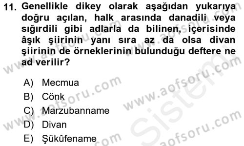 Türk Halk Şiiri Dersi 2015 - 2016 Yılı Tek Ders Sınav Soruları 11. Soru