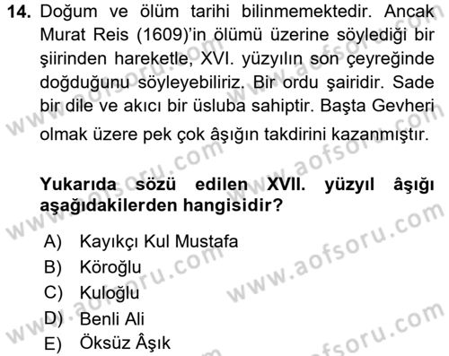 Türk Halk Şiiri Dersi 2015 - 2016 Yılı Tek Ders Sınav Soruları 14. Soru