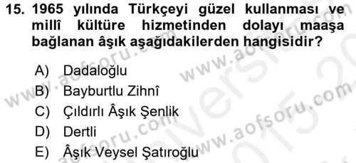 Türk Halk Şiiri Dersi 2015 - 2016 Yılı Tek Ders Sınav Soruları 15. Soru