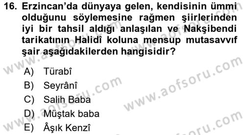 Türk Halk Şiiri Dersi 2015 - 2016 Yılı Tek Ders Sınav Soruları 16. Soru