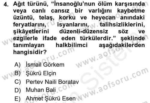 Türk Halk Şiiri Dersi 2015 - 2016 Yılı Tek Ders Sınav Soruları 4. Soru