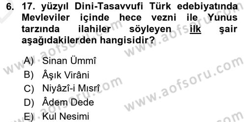 Türk Halk Şiiri Dersi 2015 - 2016 Yılı Tek Ders Sınav Soruları 6. Soru