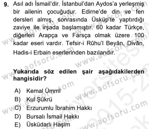 Türk Halk Şiiri Dersi 2015 - 2016 Yılı Tek Ders Sınav Soruları 9. Soru