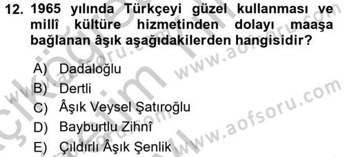 Türk Halk Şiiri Dersi 2016 - 2017 Yılı 3 Ders Sınav Soruları 12. Soru