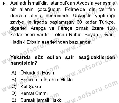 Türk Halk Şiiri Dersi 2016 - 2017 Yılı 3 Ders Sınav Soruları 6. Soru