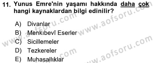 Türk Halk Şiiri Dersi Ara Sınavı Deneme Sınav Soruları 11. Soru