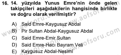 Türk Halk Şiiri Dersi Ara Sınavı Deneme Sınav Soruları 16. Soru