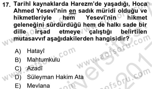 Türk Halk Şiiri Dersi Ara Sınavı Deneme Sınav Soruları 17. Soru