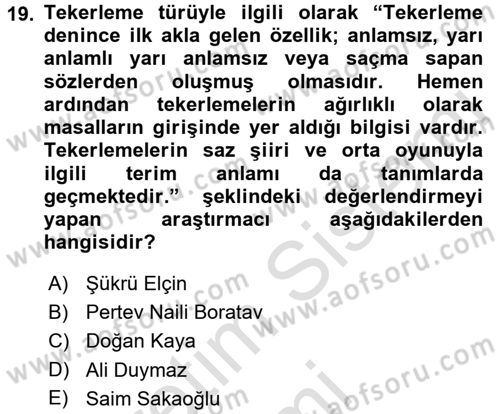 Türk Halk Şiiri Dersi 2016 - 2017 Yılı (Vize) Ara Sınav Soruları 19. Soru
