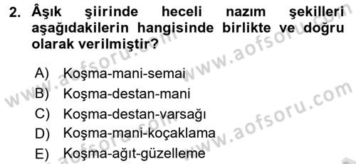 Türk Halk Şiiri Dersi Ara Sınavı Deneme Sınav Soruları 2. Soru