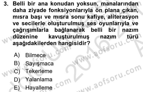 Türk Halk Şiiri Dersi Ara Sınavı Deneme Sınav Soruları 3. Soru