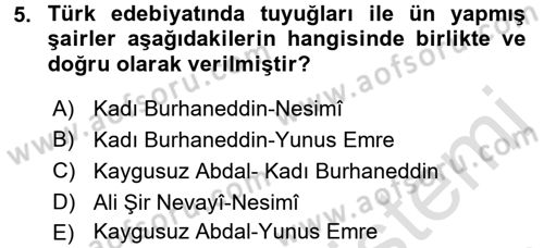 Türk Halk Şiiri Dersi Ara Sınavı Deneme Sınav Soruları 5. Soru