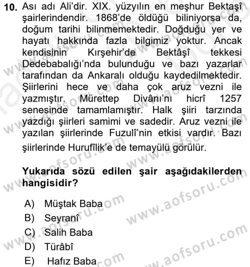 Türk Halk Şiiri Dersi 2016 - 2017 Yılı (Final) Dönem Sonu Sınav Soruları 10. Soru