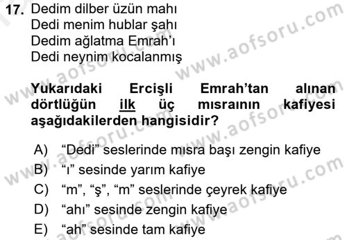 Türk Halk Şiiri Dersi 2016 - 2017 Yılı (Final) Dönem Sonu Sınav Soruları 17. Soru