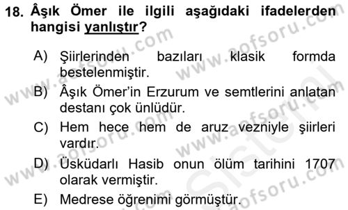 Türk Halk Şiiri Dersi 2016 - 2017 Yılı (Final) Dönem Sonu Sınav Soruları 18. Soru