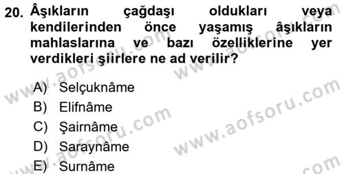 Türk Halk Şiiri Dersi 2016 - 2017 Yılı (Final) Dönem Sonu Sınav Soruları 20. Soru